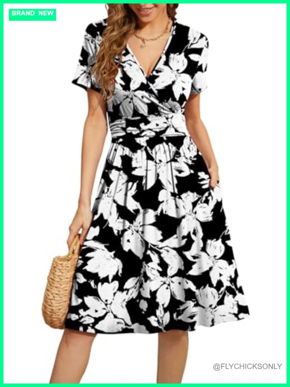 Women's Casual Floral A-Line Dress with Pockets V-Neck Short Sleeve Knee Length